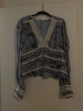 All Saints Pale Blue Floral Lace-Trim Blouse
